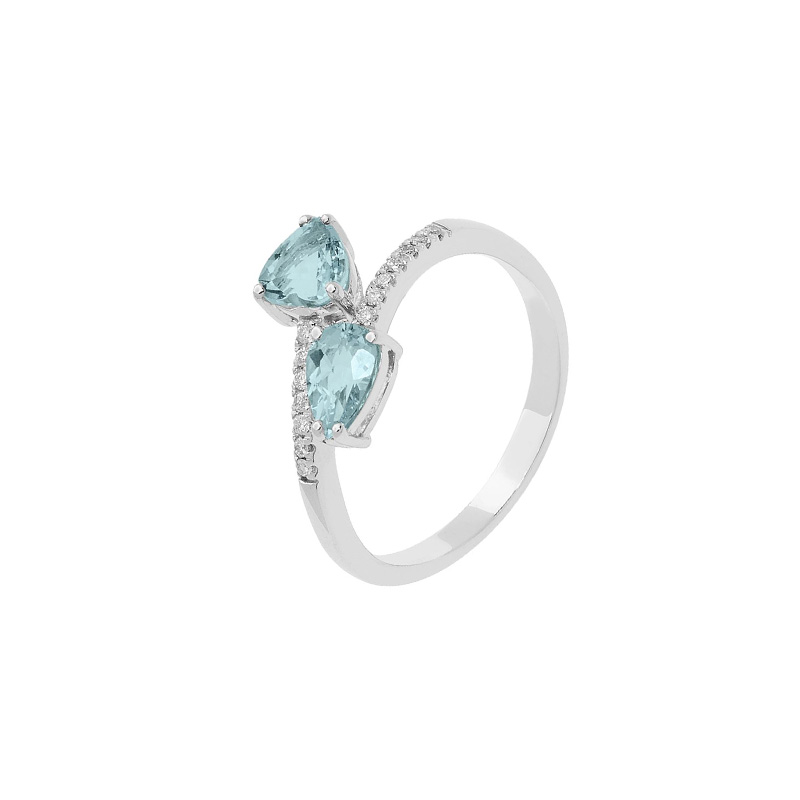 Anello Oro Bianco Diamanti Acquamarina Comete Gioielli Collezione Toi Et Moi